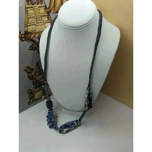 Chicos Navy Blue Beaded Necklace Long Leather Tassel Charm Style - Picture 1 of 8